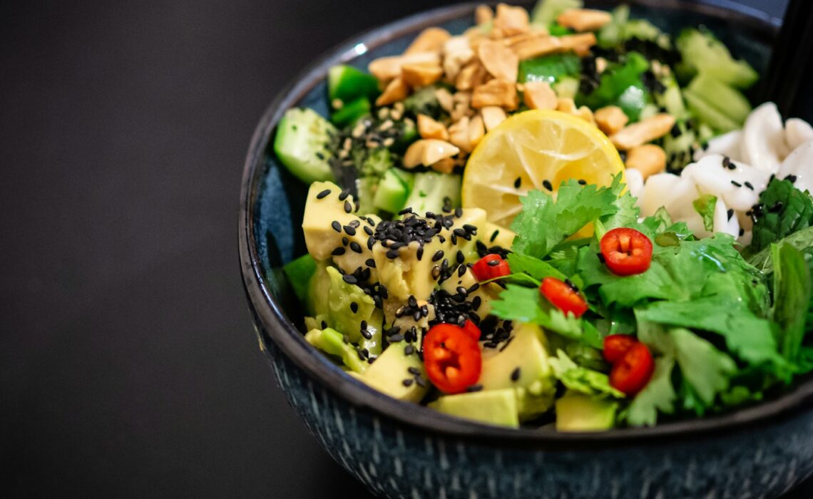 vegetable salad in gray bowl